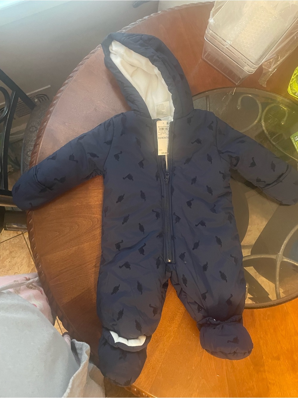 Baby Navy Dino Print Quilted One-Piece Snowsuit with Hood